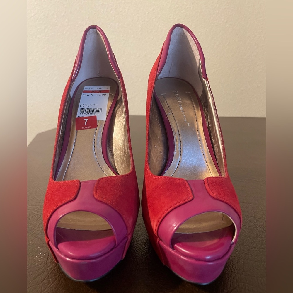 BCBGMaxAzria Raspberry and Red Peep Toe Heels